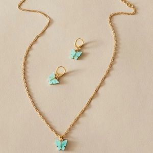 Teal Butterfly Necklace and Earrings Set